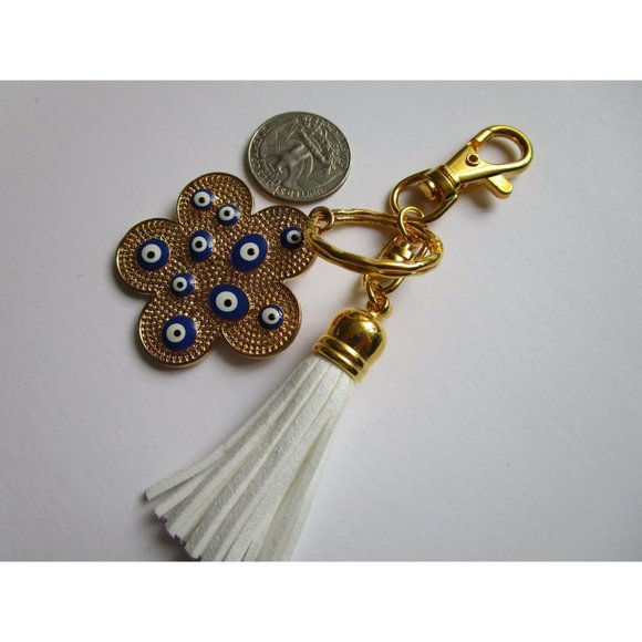 Gold tone blue evil eye flower charm key chain white leather tassel purse charm - Picture 6 of 9